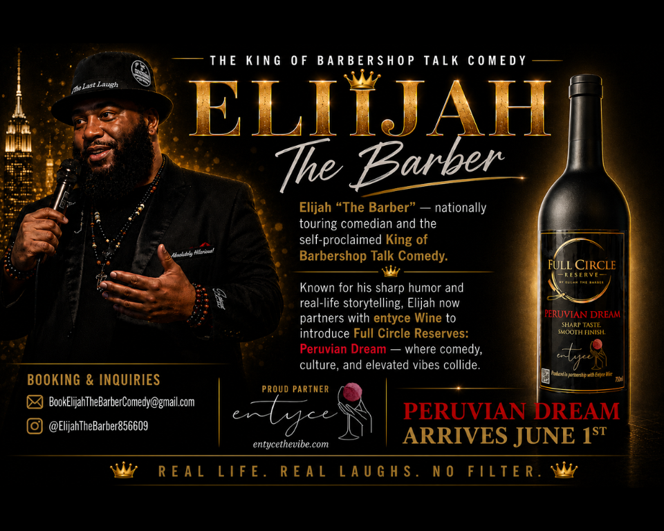 Promotional poster for 'Elijah the Barber' with a comedian and a bottle of Peruvian Dream wine.